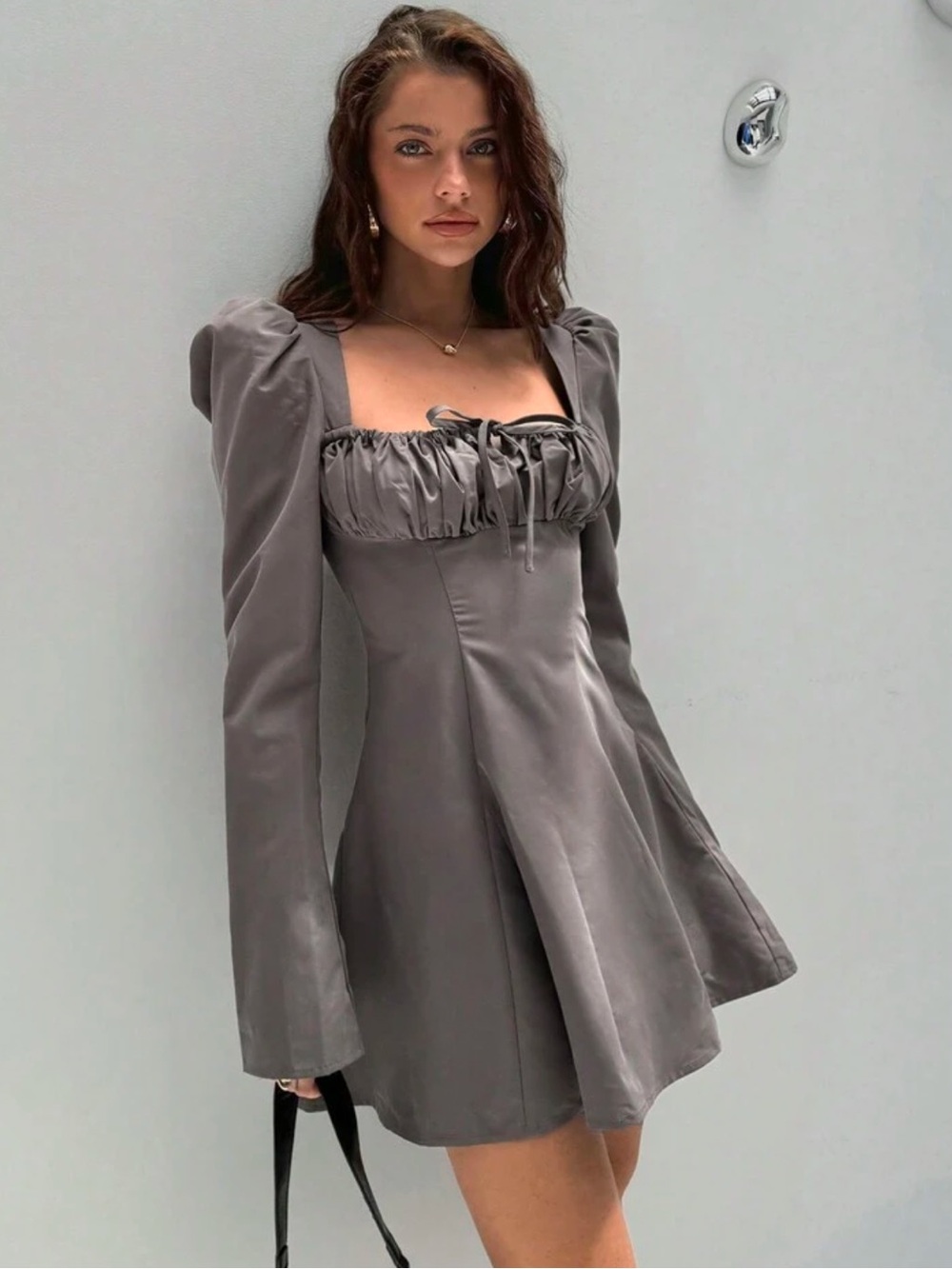 Gray Long-Sleeve Square Neck Mini Dress